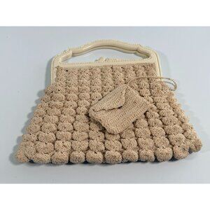 Vintage 1950s Beige Hand-Crocheted Purse Ivory Plastic Frame Matching Coin Pouch